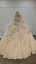 Robe de bal fleurie rose poudré bustier jupe brodée et cape en tulle
