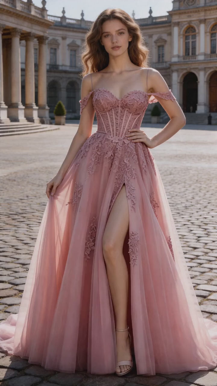 Vestido de gala de encaje y corsé fuera del hombro en color rosa empolvado   Vestido de fiesta de tul en línea A con abertura