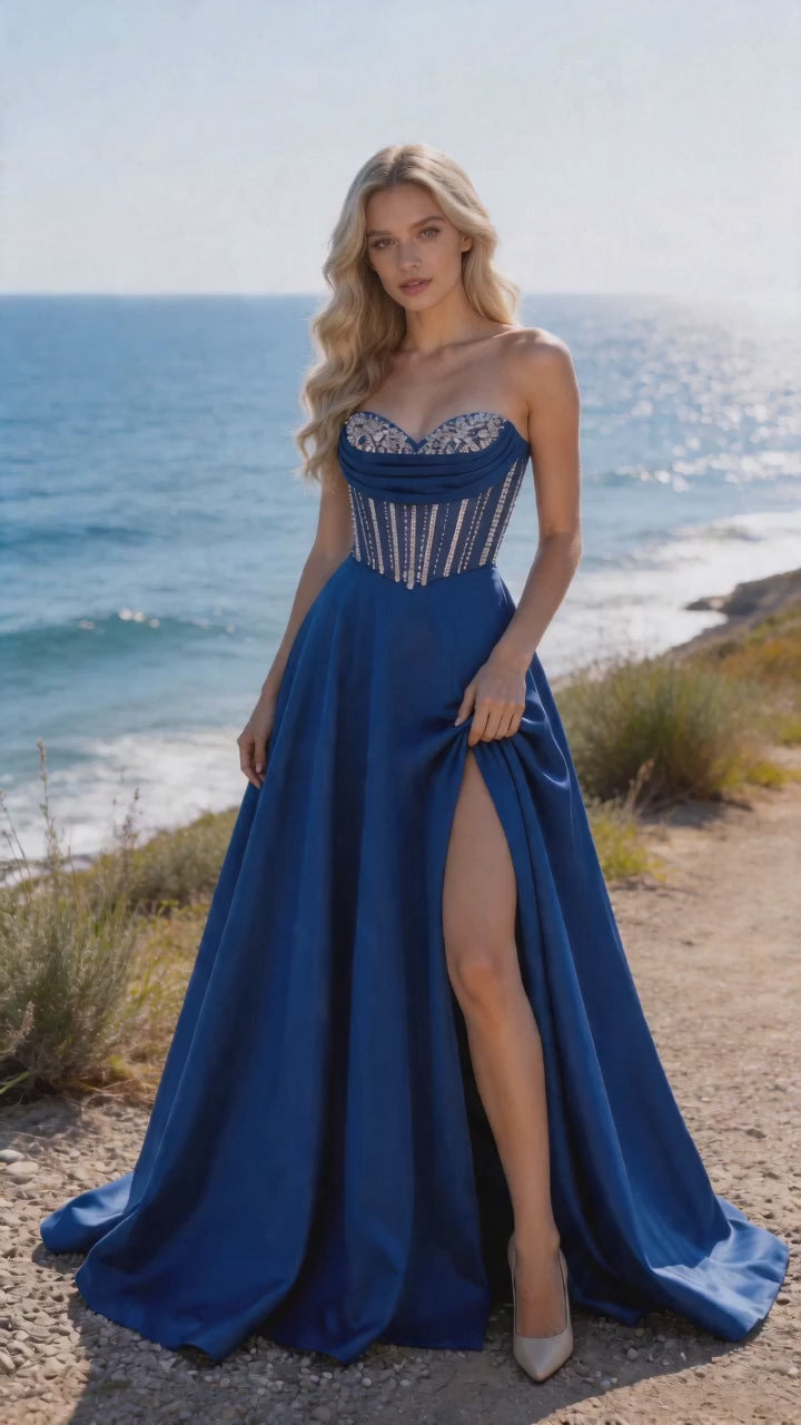 Abito da ballo corsetto senza spalle blu reale   Abito da sera impreziosito da cristalli con spacco