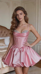 Vestido corto de corsé de raso rosa con pedrería