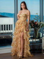 Princess A Line Off the Shoulder Corset Prom Dress with Lace Ruffles by KissProm