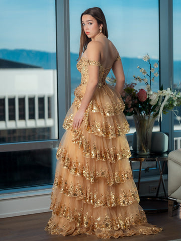 Prinzessin A-Linie Off-Shoulder Korsett Ballkleid mit Spitzenrüschen