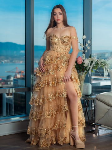 Prinzessin A-Linie Off-Shoulder Korsett Ballkleid mit Spitzenrüschen