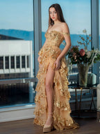 Princess A Line Off the Shoulder Corset Prom Dress with Lace Ruffles by KissProm