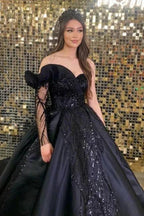 Princess Black Long Sleeve A-line Wedding Dresses With Beads by misshow.com