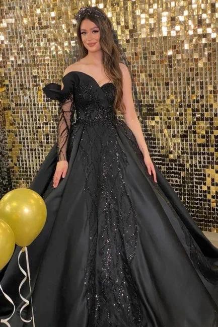 Princess Black Long Sleeve A-line Wedding Dresses With Beads by misshow.com