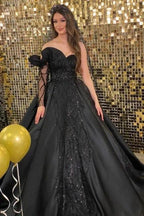 Princess Black Long Sleeve A-line Wedding Dresses With Beads by misshow.com