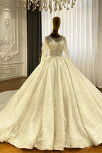 Princess Elegant A-line Long Sleeves Lace Wedding Dress With Train by misshow.com