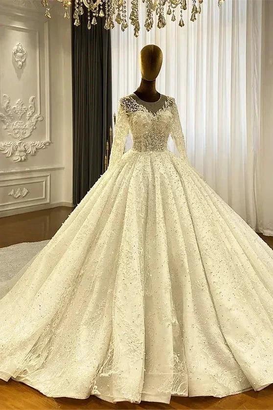 Princess Elegant A-line Long Sleeves Lace Wedding Dress With Train by misshow.com