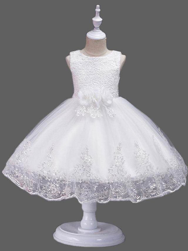 Princess Lace Tulle Sleeveless Jewel Neck Wedding Birthday Flower Girl Dresses - photo 3