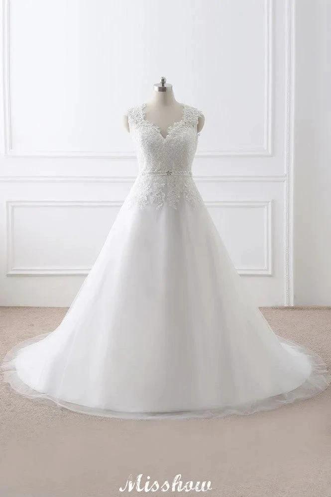 Princess Lace V-neck Tulle Elegant Wedding Dress by misshow.com