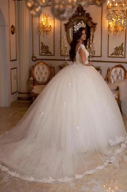 Princess Long A-line V-neck Lace Wedding Dresses With Long Sleeves by misshow.com