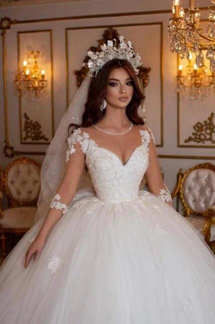 Princess Long A-line V-neck Lace Wedding Dresses With Long Sleeves by misshow.com