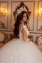 Princess Long A-line V-neck Lace Wedding Dresses With Long Sleeves by misshow.com