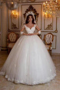 Princess Long A-line V-neck Lace Wedding Dresses With Long Sleeves by misshow.com