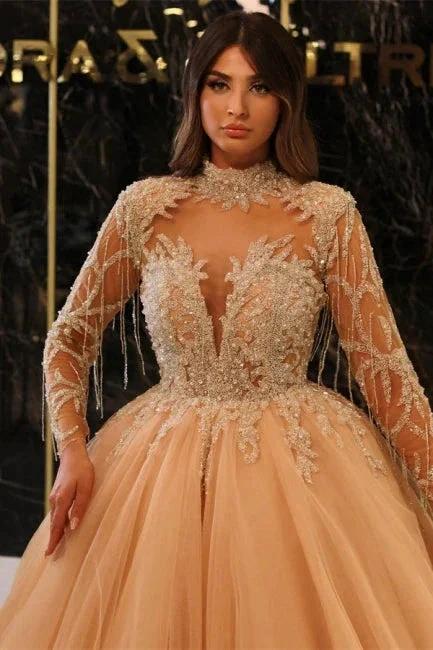 Princess Long Gold High Neck A-line Beading Evening Dresses With Long Sleeves by misshow.com