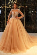 Princess Long Gold High Neck A-line Beading Evening Dresses With Long Sleeves by misshow.com