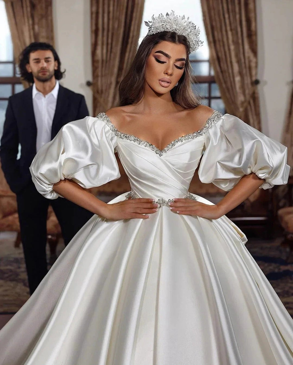 Princess Long Ivory A-line V-neck Jewel Wedding Dress With Long Sleeves by misshow.com