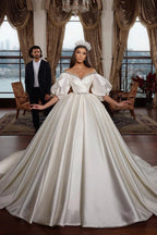 Princess Long Ivory A-line V-neck Jewel Wedding Dress With Long Sleeves by misshow.com