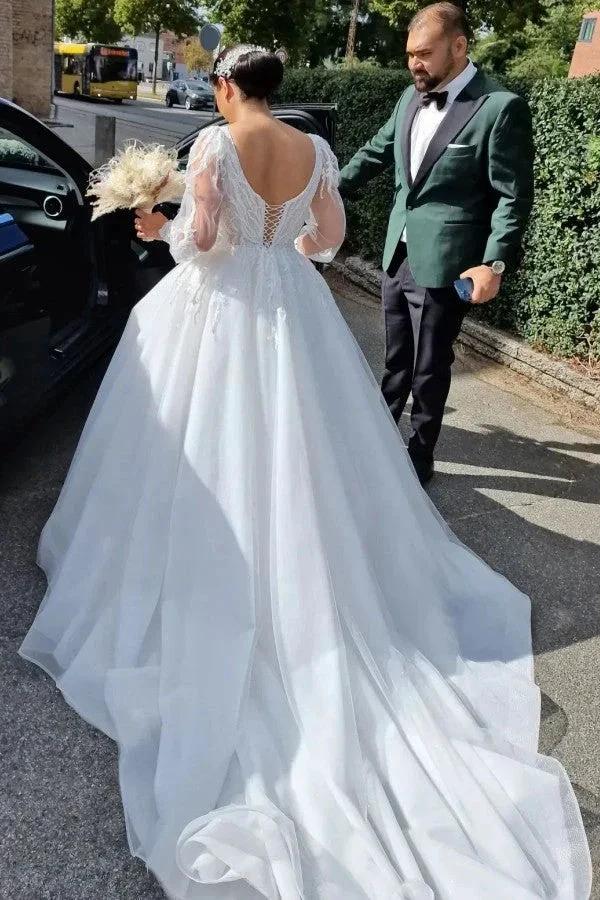 Princess Long V-neck A-line Lace Wedding Dresses With Long Sleeves by misshow.com