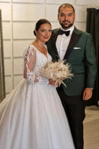Princess Long V-neck A-line Lace Wedding Dresses With Long Sleeves by misshow.com