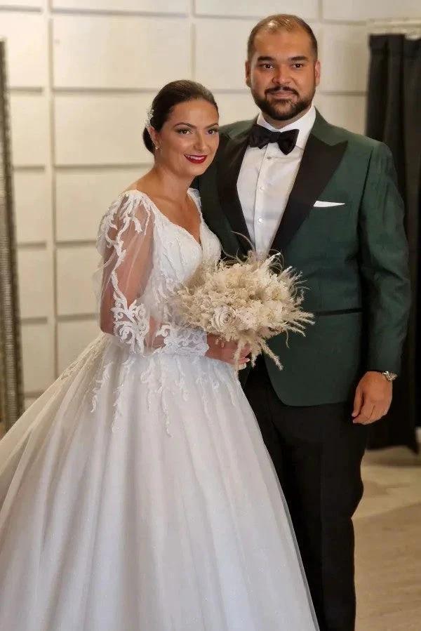 Princess Long V-neck A-line Lace Wedding Dresses With Long Sleeves by misshow.com