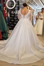 Princess Long V-neck A-line Lace Wedding Dresses With Long Sleeves by misshow.com