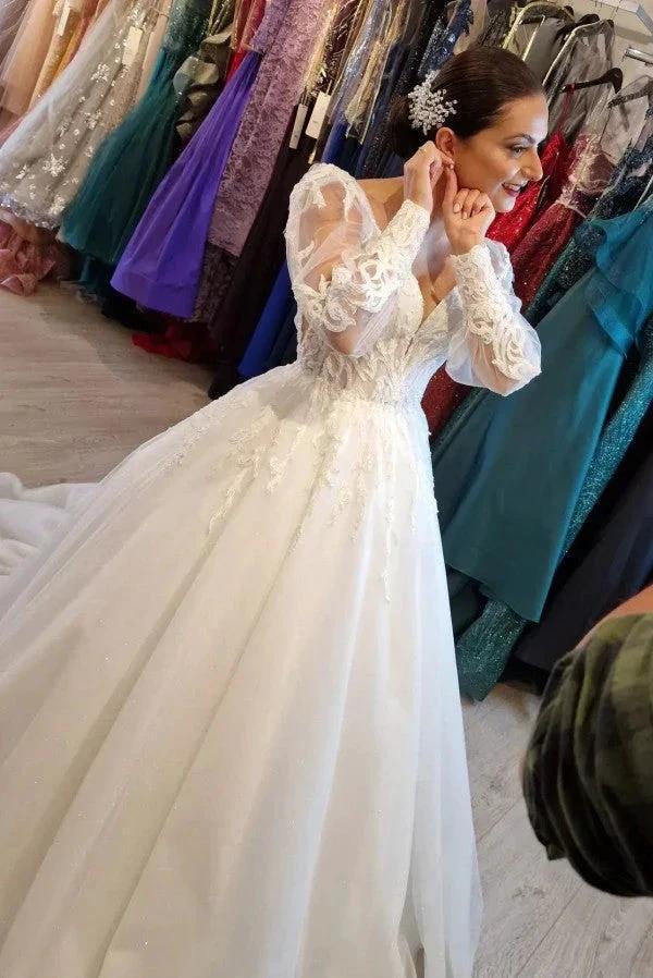 Princess Long V-neck A-line Lace Wedding Dresses With Long Sleeves by misshow.com