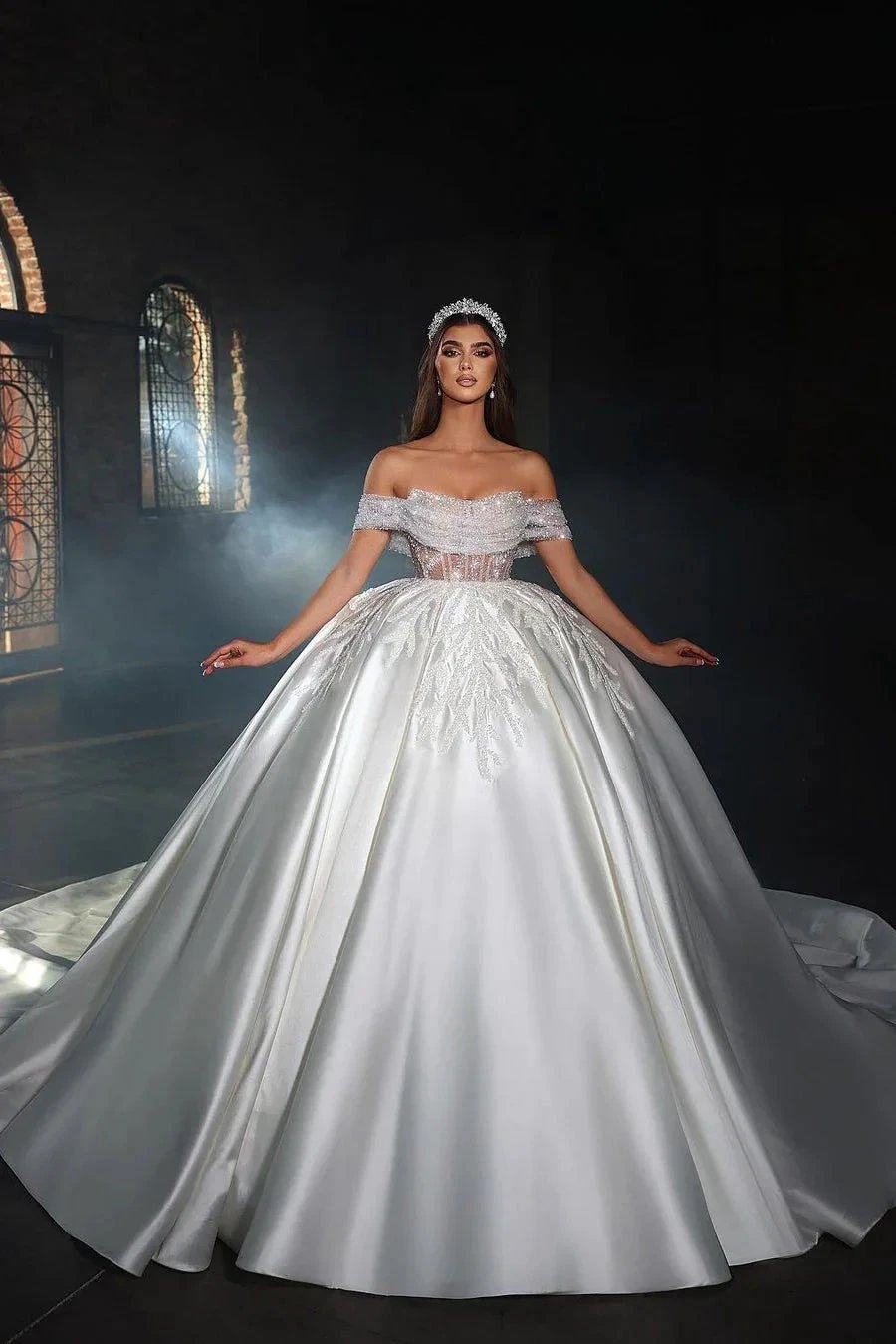 Princess Long White A-line Off-the-shoulder Beading Lace Wedding Dress by misshow.com