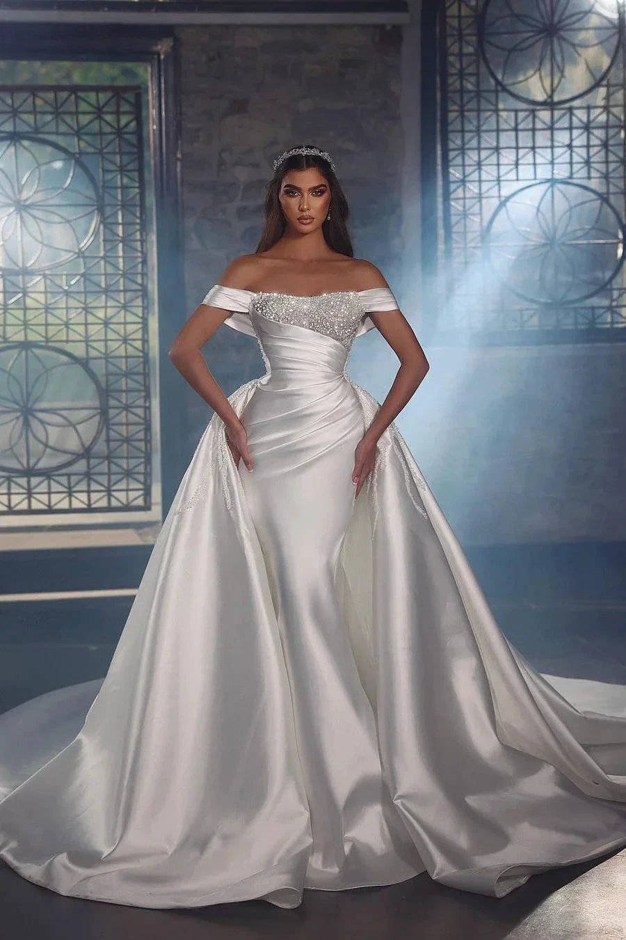 Princess Long White A-line Off-the-shoulder Lace Beading Wedding Dress With Detachable Train by misshow.com