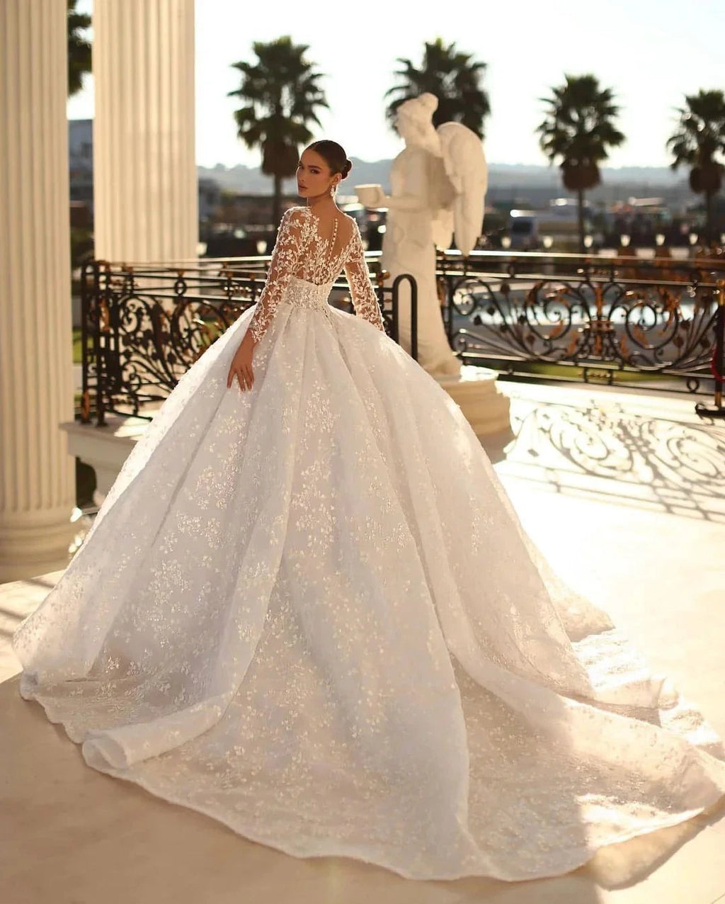 Princess Long White A-line V-neck Lace Wedding Dress With Long Sleeves by misshow.com