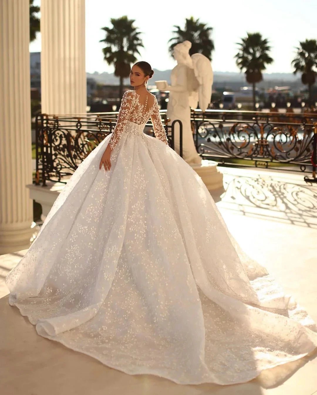 Princess Long White A-line V-neck Lace Wedding Dress With Long Sleeves by misshow.com