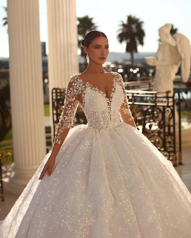 Princess Long White A-line V-neck Lace Wedding Dress With Long Sleeves