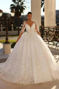 Princess Long White A-line V-neck Lace Wedding Dress With Long Sleeves by misshow.com