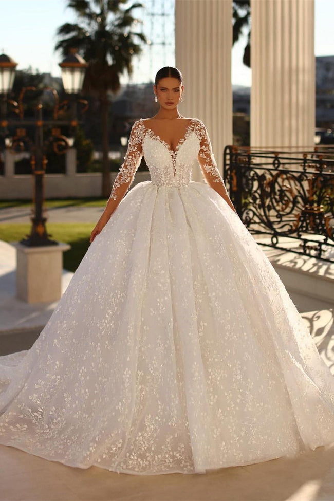 Princess Long White A-line V-neck Lace Wedding Dress With Long Sleeves Hover Image