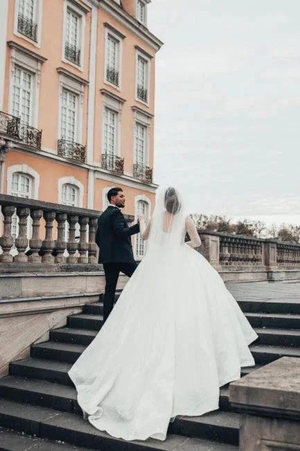 Princess Long White A-line Wedding Dresses With Long Sleeves by misshow.com