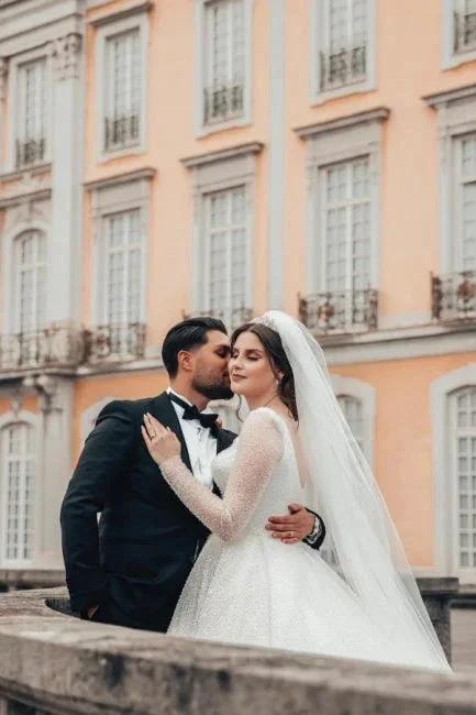 Princess Long White A-line Wedding Dresses With Long Sleeves by misshow.com