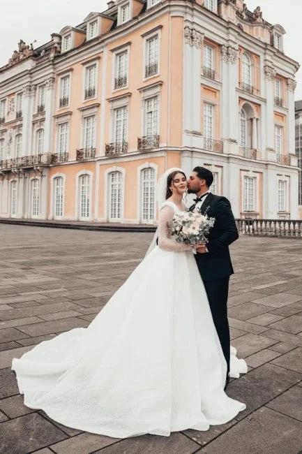 Princess Long White A-line Wedding Dresses With Long Sleeves by misshow.com