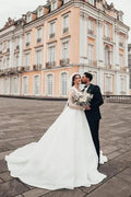 Princess Long White A-line Wedding Dresses With Long Sleeves by misshow.com
