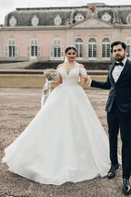 Princess Long White Off-the-shoulder A-line V-neck Organza Satin Wedding Dress by misshow.com
