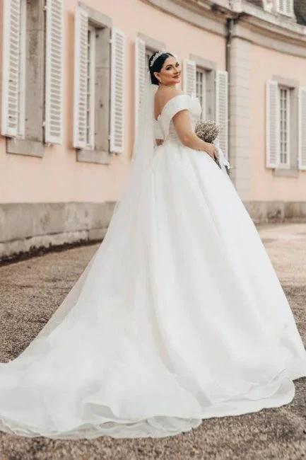 Princess Long White Off-the-shoulder A-line V-neck Organza Satin Wedding Dress by misshow.com