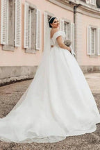 Princess Long White Off-the-shoulder A-line V-neck Organza Satin Wedding Dress by misshow.com