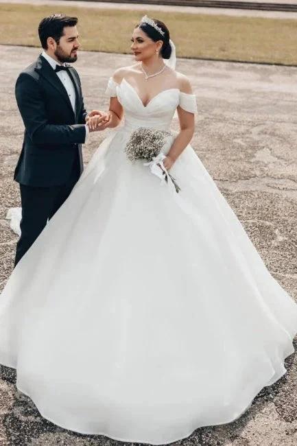 Princess Long White Off-the-shoulder A-line V-neck Organza Satin Wedding Dress by misshow.com