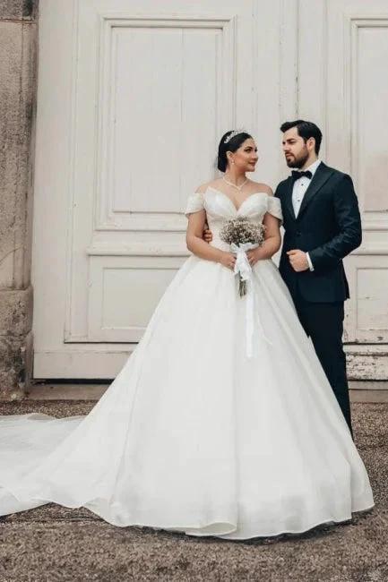 Princess Long White Off-the-shoulder A-line V-neck Organza Satin Wedding Dress by misshow.com