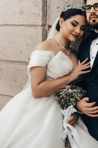 Princess Long White Off-the-shoulder A-line V-neck Organza Satin Wedding Dress by misshow.com