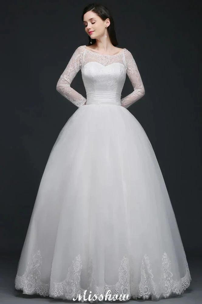 Princess Scoop Tulle White Wedding Dress With Lace by misshow.com