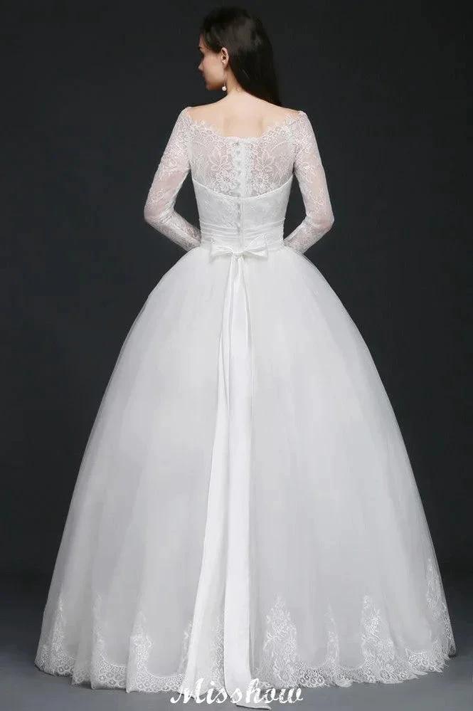 Princess Scoop Tulle White Wedding Dress With Lace by misshow.com