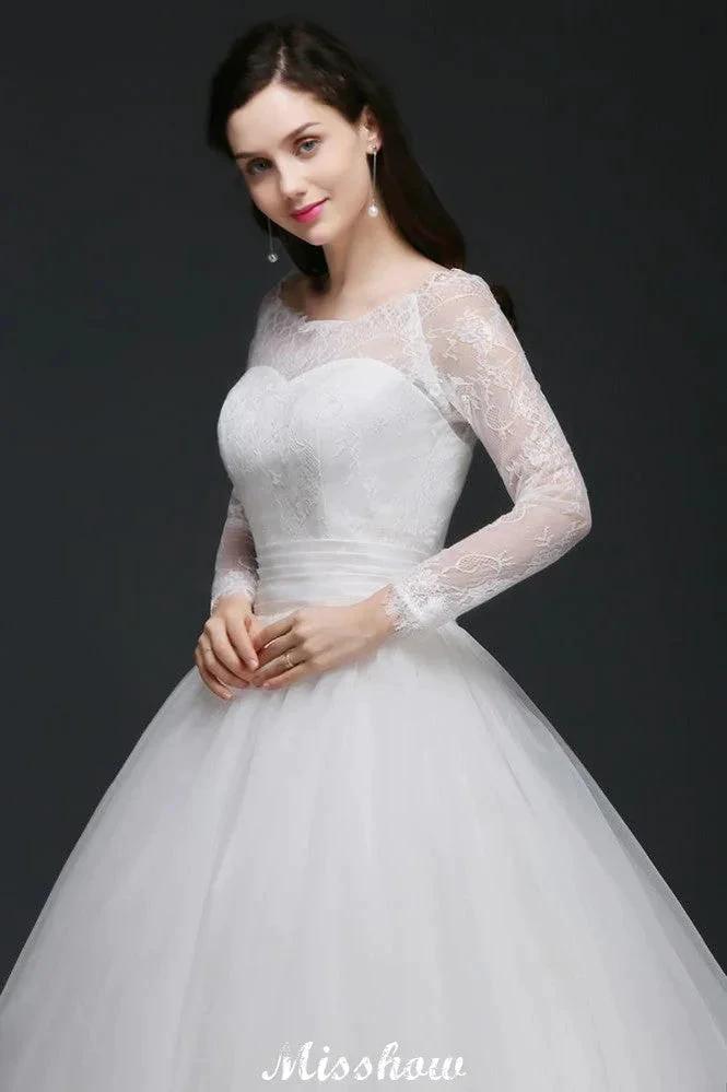 Princess Scoop Tulle White Wedding Dress With Lace by misshow.com