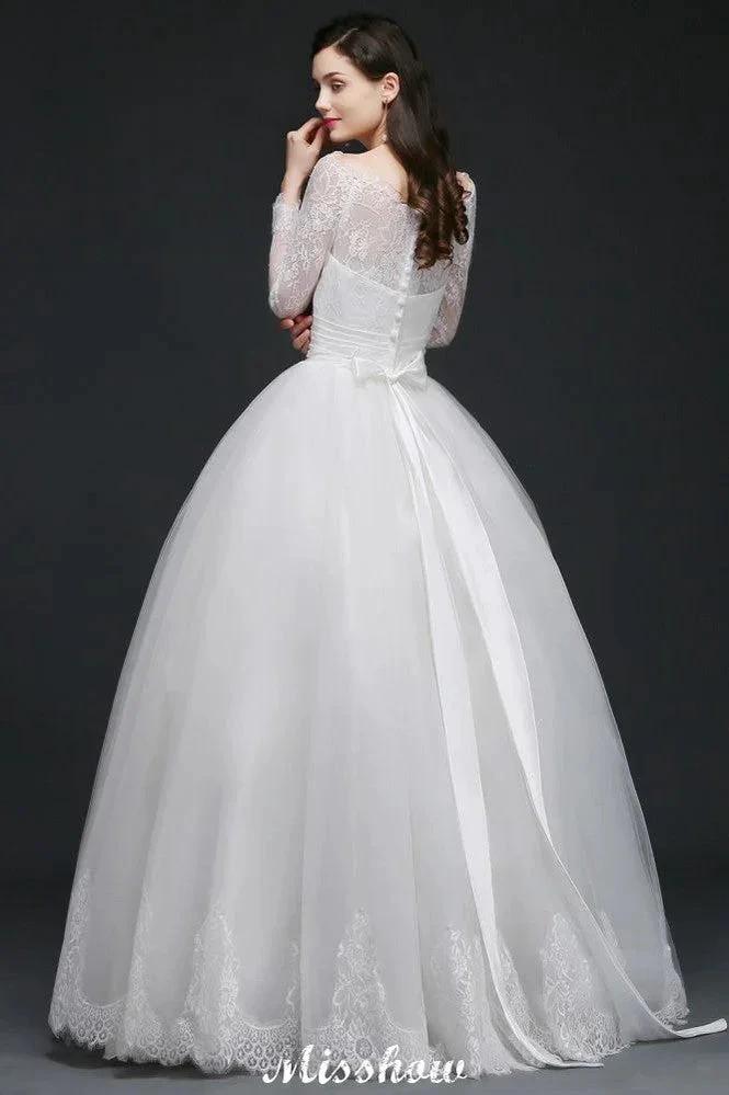 Princess Scoop Tulle White Wedding Dress With Lace by misshow.com