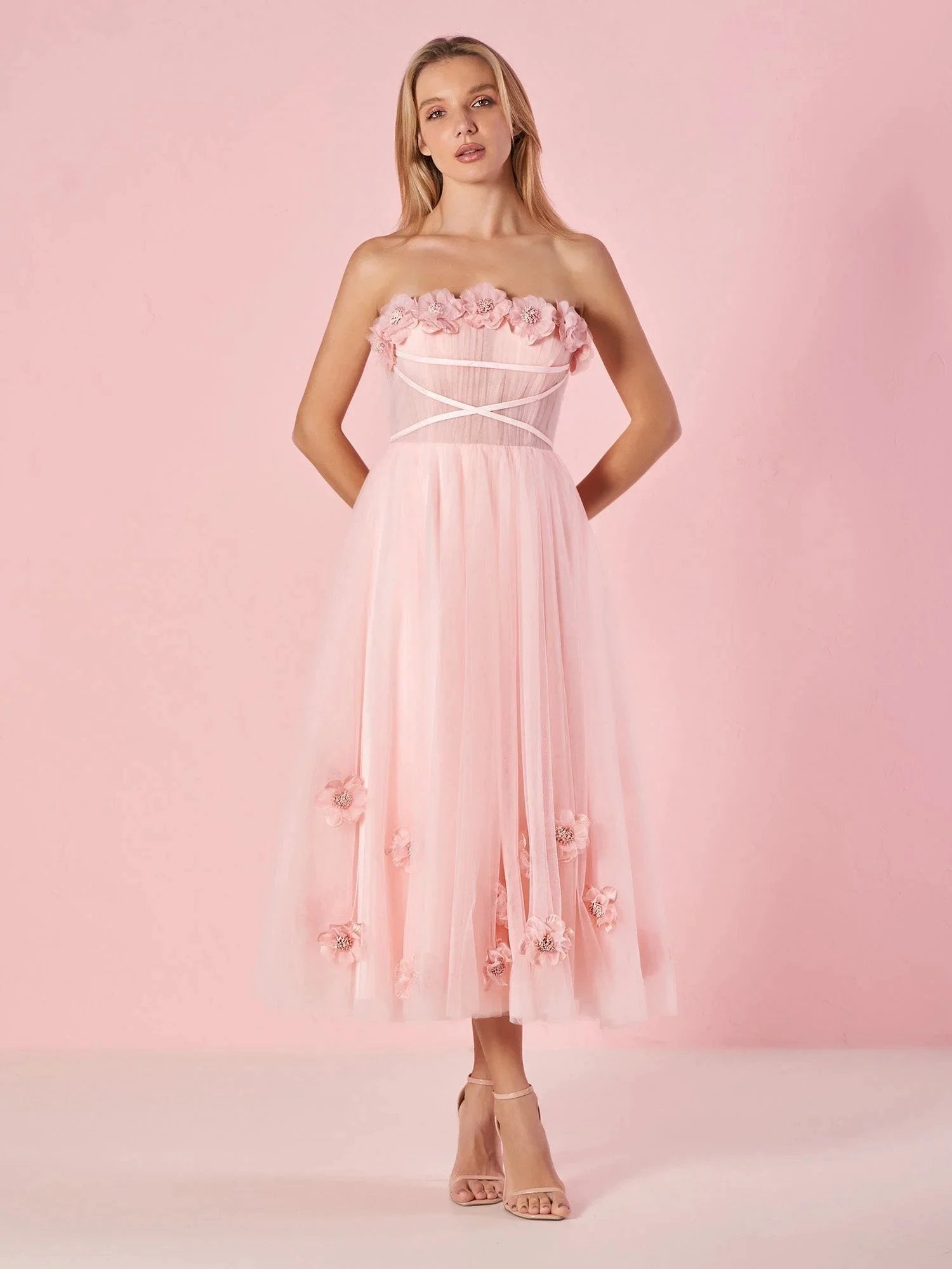 Pandora |Light Pink Princess Strapless Prom Dress with Flowers by KissProm